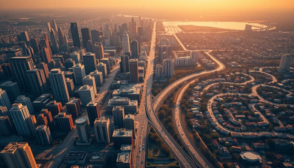 A bustling city skyline, with a focus on two contrasting sections - a densely populated urban area and a more sparsely developed suburban region. The urban area is depicted with towering skyscrapers, intricate street patterns, and a vibrant, energetic atmosphere, conveying the sense of a competitive, nationwide market. In contrast, the suburban area features smaller buildings, winding roads, and a more tranquil, local vibe, suggesting the nuances of a targeted, localized approach to search engine optimization. The scene is illuminated by warm, golden lighting, creating a sense of balance and harmony between the two distinct environments. The overall composition is clean, minimalist, and visually striking, drawing the viewer's attention to the key differences between local and nationwide positioning strategies.