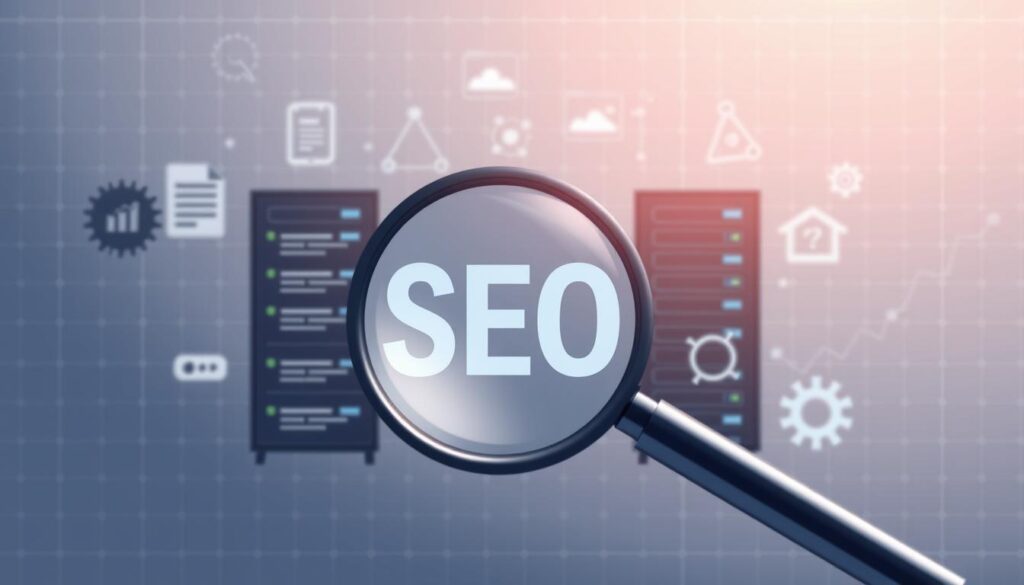 A clean, elegant illustration depicting the technical aspects of search engine optimization (seo). In the foreground, a magnifying glass symbolizes the careful analysis of website structure and content. In the middle ground, various web development icons such as code snippets, algorithms, and server racks convey the technical nature of seo. The background features a subtle grid pattern, suggesting the intricate, interconnected nature of online visibility. The overall aesthetic is minimalist and modern, reflecting the precision and attention to detail required for effective seo.