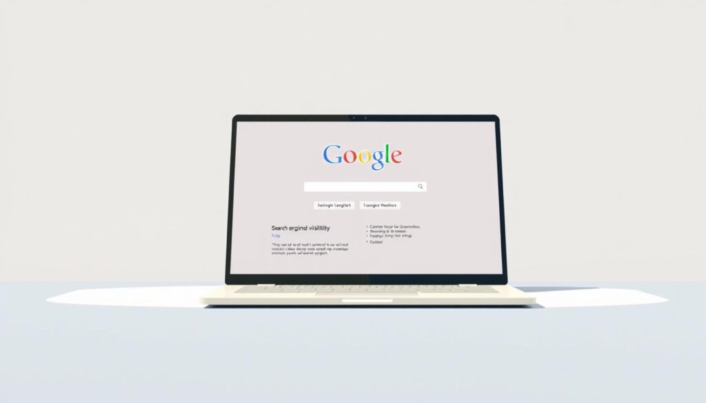 A clean, minimalist illustration depicting a search engine results page (serp) with a focus on organic visibility and search engine optimization. Render the serp with a sleek, contemporary design, showcasing a laptop or desktop monitor displaying the google search engine interface. In the foreground, highlight relevant on-page elements that contribute to improved visibility, such as a well-structured website, meta tags, and optimized content. Convey a sense of balance, control, and mastery over the search engine optimization process through the overall composition and aesthetics.