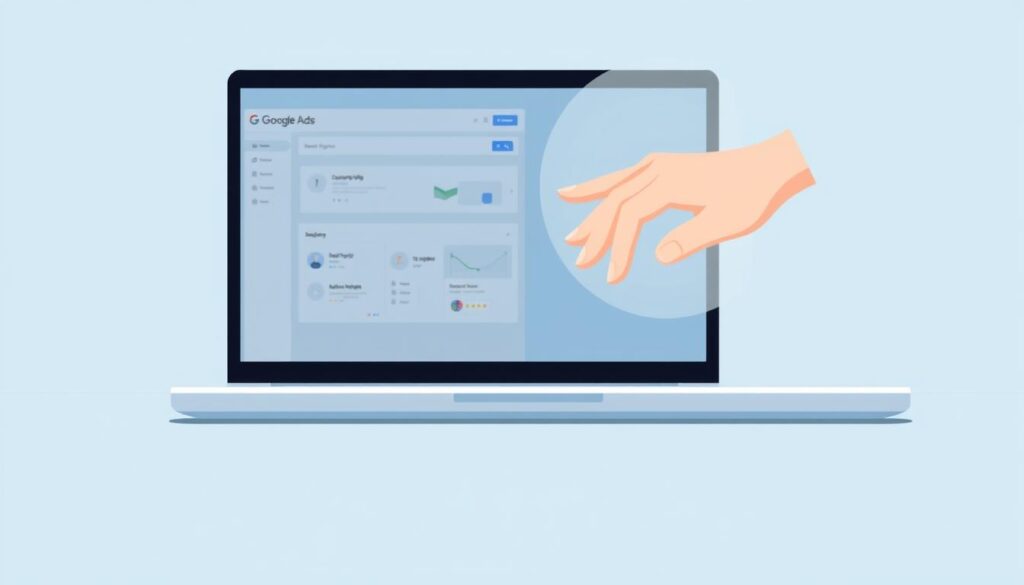 A clean, minimalist illustration depicting a stylized Google Ads campaign setup. In the foreground, a laptop screen displays a Google Ads dashboard with simple, intuitive controls. In the middle ground, a hand hovers over the laptop, symbolizing user interaction. The background features a subtle, soft-focus gradient in shades of blue, evoking the calm and professional atmosphere of the article's "Porady i wskazówki" section. The lighting is natural and diffused, creating a sense of clarity and focus. The overall aesthetic is modern, elegant, and inviting, reflecting the accessible nature of the content.