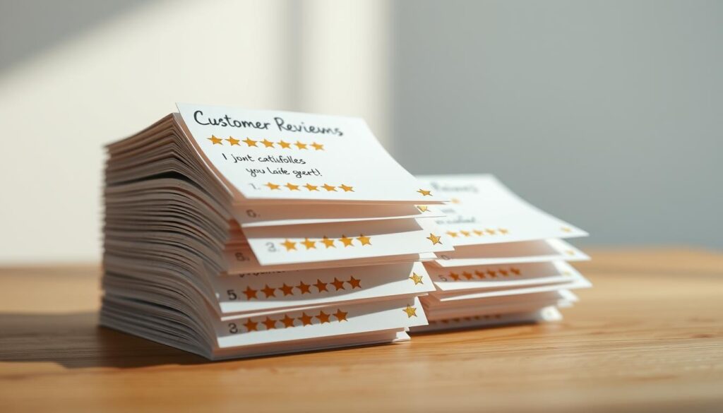 A clean, well-lit photograph of neatly stacked customer review cards or notes arranged on a wooden surface. The cards are handwritten with positive sentiments and 5-star ratings, conveying a sense of satisfied customers. The background is minimalist, with soft lighting that casts gentle shadows, creating a calming and professional atmosphere. The focus is on the customer reviews, with the composition highlighting their prominence and importance. The overall aesthetic is elegant, modern, and in line with the article's subject of managing customer opinions.