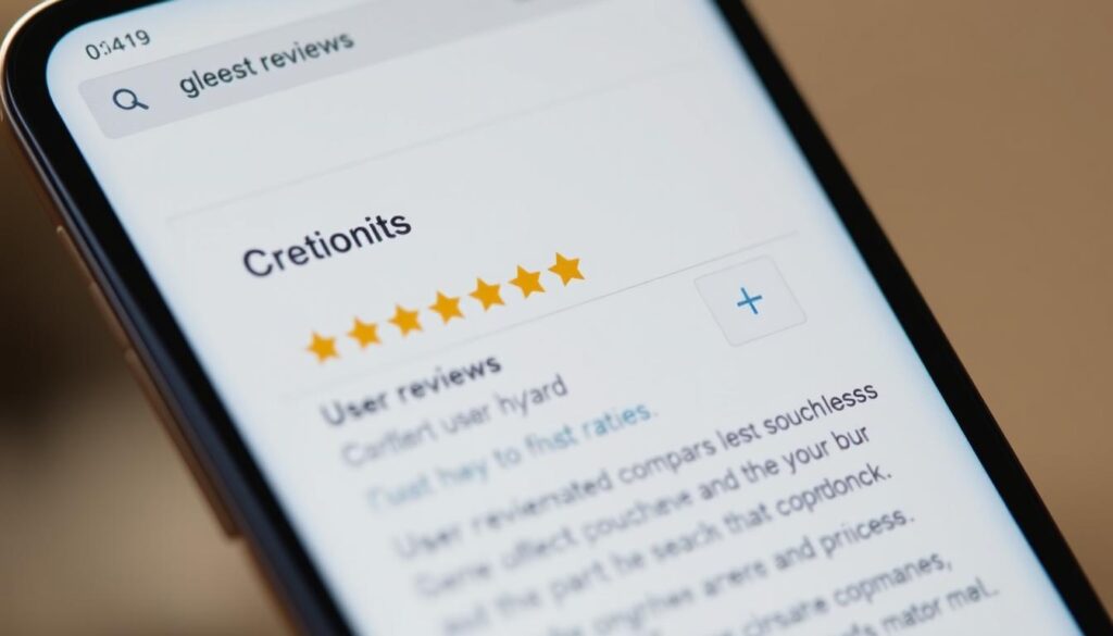A close-up view of a smartphone screen displaying google search results, with a prominent section showcasing user reviews and ratings for a business. The foreground features a clean, modern interface with a subtle gradient background, highlighting the star ratings, comment counts, and overall sentiment. The middle ground depicts a refined, minimalist typographic layout, accentuating the importance of online reviews in determining a company's search engine ranking. The background blurs out, suggesting the wider context of the google ecosystem and its influence on digital marketing strategies.