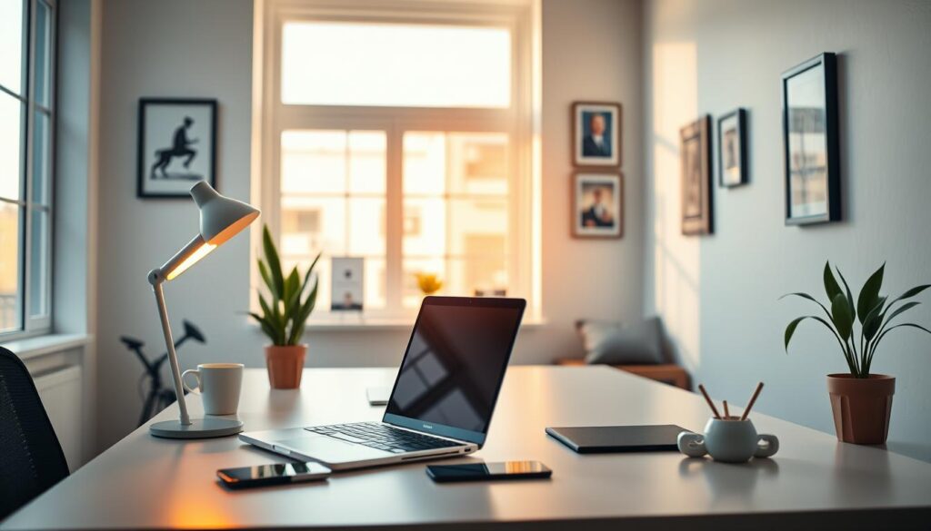 A modern and vibrant small business office with a focus on search engine optimization. The scene features a laptop, smartphone, and desk accessories in a minimalist style. Warm lighting from a large window illuminates the workspace, creating a cozy and productive atmosphere. A potted plant and a few framed wall art pieces add a touch of personality. The image conveys the value of seo for small enterprises, emphasizing efficiency, optimization, and a professional yet approachable aesthetic.