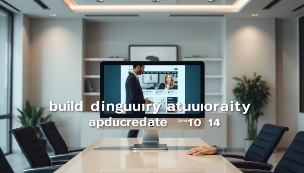 A modern, elegant office setting with a large desktop computer monitor displaying a website in the foreground. In the middle ground, a person in a suit is standing, hands on the desk, examining the screen intently. In the background, a minimalist wall with simple artwork or shelving creates a clean, professional atmosphere. The lighting is soft and natural, highlighting the focus on the website and the thoughtful consideration of the person. The overall impression is one of building authority and credibility through a well-designed, authoritative online presence.