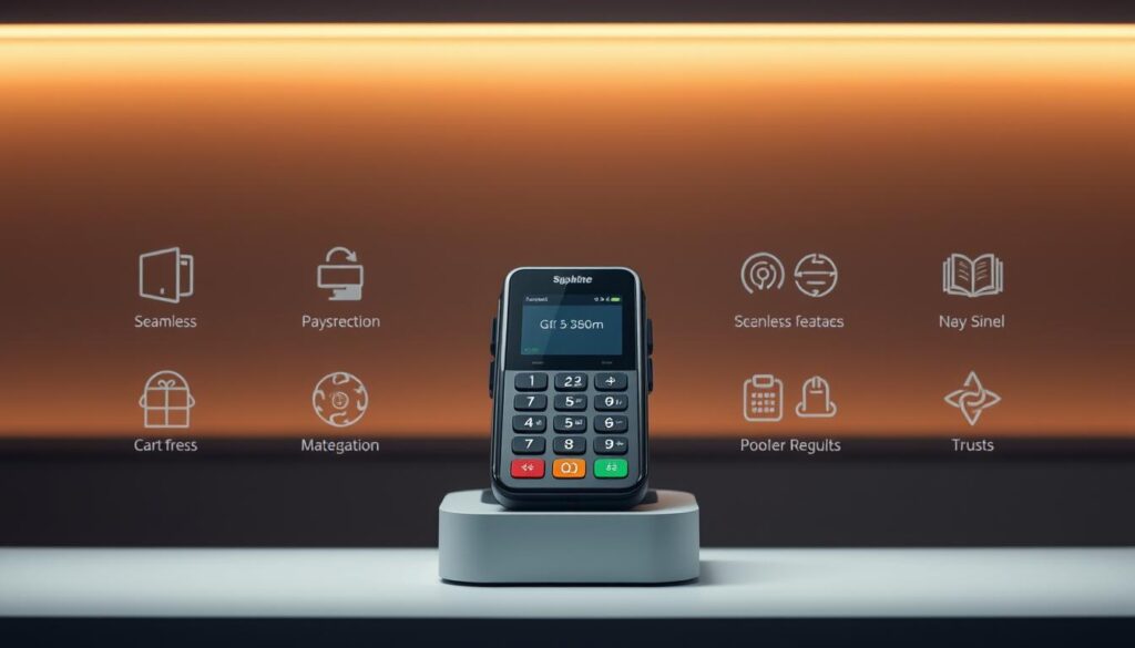 A modern, intuitive payment system interface featuring a clean, minimalist design. A simple card reader device takes center stage, surrounded by elegant icons and ui elements that suggest seamless, secure transactions. The layout is balanced, with ample negative space to create a sense of sophistication. Soft lighting casts a warm glow, enhancing the premium feel. The overall mood is one of efficiency, reliability, and trust - key attributes for a professional payment system catering to a tech-savvy audience.