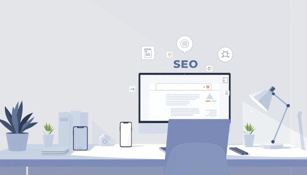 A modern, minimalist illustration showcasing the optimization of content for seo. A clean, elegant design with a focus on key elements like search engine algorithms, website structure, and content strategy. Soft lighting illuminates a stylized desktop workspace with a laptop, smart device, and various icons representing seo best practices. The overall mood is professional, informative, and visually engaging, designed to complement the "numer 1 w google jak to zrobić? - kluczowe kroki" section of the article.