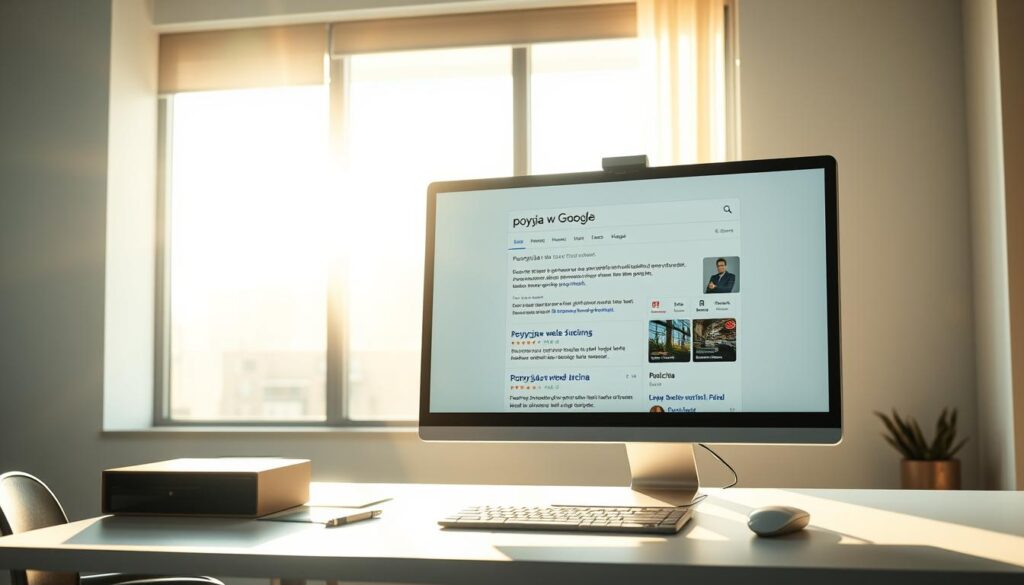 A modern, sleek office workspace with a large computer monitor displaying a google search engine results page. Sunlight streams in through a window, casting a warm glow on the clean, minimalist desk setup. The monitor shows the search query "pozycja w google" with a well-optimized website listing in the top organic search results. The overall scene conveys a sense of productivity, success, and a strong online presence for the featured business.