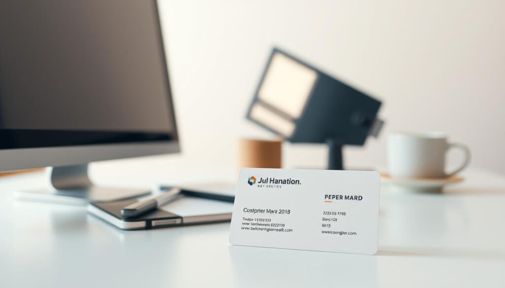A serene office scene with a desktop computer, smartphone, and a well-designed business card in the foreground. The card features a modern, minimalist layout with clean typography and subtle branding elements. The middle ground showcases a professional's workspace, including a notebook, pen, and a cup of coffee. The background gently blurs into a soft, neutral tone, emphasizing the focal point of the business card. The overall atmosphere conveys a sense of productivity, organization, and attention to detail, reflecting the process of creating an effective online presence.