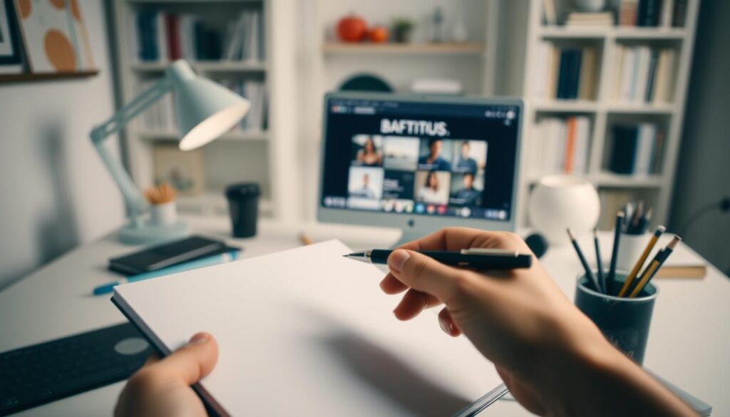 A serene workspace with a neatly organized desk, a laptop, and writing utensils. The lighting is soft and diffused, creating a calming atmosphere. In the foreground, a hand holding a pen hovers over a blank notebook, ready to capture ideas. The middle ground features a minimalist monitor displaying creative content, while the background showcases a bookshelf filled with resources. The overall scene conveys a sense of focus, inspiration, and the act of crafting high-quality content.