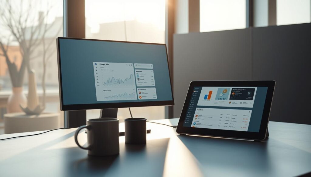 A serene workspace with a sleek desktop computer, a tablet displaying a Google Ads dashboard, and a coffee mug. Soft natural lighting filters in through large windows, casting a warm glow on the setup. The background features a minimalist, monochromatic wall, adding to the clean, professional atmosphere. The composition emphasizes the benefits of using Google Ads, conveying efficiency, productivity, and the potential for business growth.