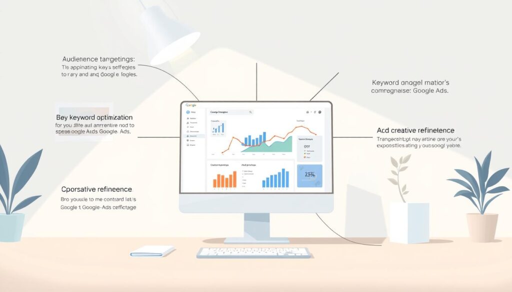 A sleek, minimalist illustration depicting various strategies for improving the effectiveness of google ads campaigns. The foreground showcases key elements like audience targeting, keyword optimization, and ad creative refinement. The middle ground features a stylized google ads dashboard, highlighting performance metrics and optimization opportunities. The background is a clean, light-toned workspace setting, conveying a sense of focus and productivity. The overall mood is one of professionalism, efficiency, and a data-driven approach to digital advertising. Soft, directional lighting from the top-left casts subtle shadows, enhancing the clean, modern aesthetic.