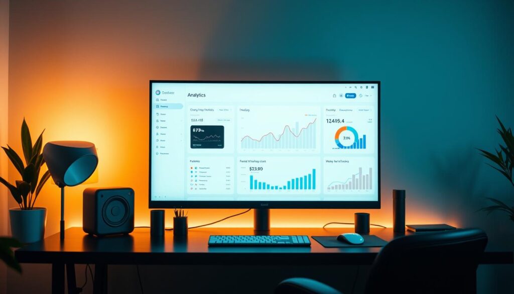 A sleek, modern home office setup with a large computer monitor and minimal desk accessories. Warm, indirect lighting casts a soft glow, creating a calm and focused atmosphere. The monitor displays a clean, data-driven analytics dashboard, presenting key performance metrics and insights. The overall composition is balanced, with attention drawn to the screen's content. The scene conveys a sense of productivity, organization, and a data-driven approach to monitoring and analyzing results.