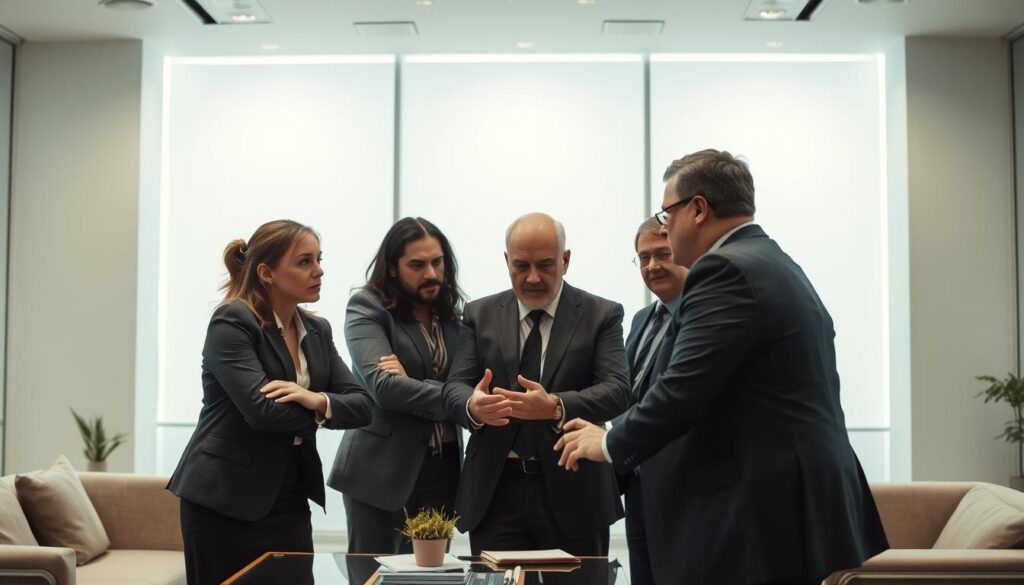 A team of business leaders engaged in a tense discussion, their expressions intense and focused. The scene takes place in a modern, well-lit office setting, with sleek furniture and a minimalist aesthetic. The lighting is soft and even, creating a sense of professionalism and seriousness. The camera angle is slightly elevated, allowing the viewer to observe the interaction from an objective, authoritative perspective. The overall mood is one of competition and strategic decision-making, reflecting the theme of "positioning vs. Competition in the industry".
