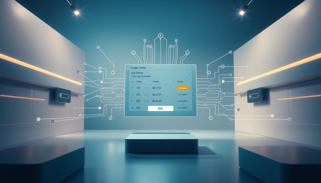 A vibrant, realistic visual representation of the google ads auction system. Showcase the intricate bidding mechanism with a clean, minimalist design. Depict a central auction interface with various elements - bid amounts, auction participants, and a prominent "bid" button. Surrounding this, include abstract geometric shapes and lines suggestive of the complex algorithms powering the auction. Use a muted color palette of blues, grays, and whites to convey a sense of professionalism and technology. Utilize dramatic lighting and perspective to draw the viewer's attention to the core auction process. Overall, the image should feel elegant, informative, and aligned with the technical nature of the subject matter.