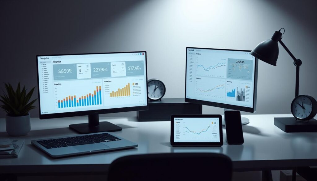 A well-organized office space with a sleek, modern desk featuring a laptop, tablet, and smartphone. Soft, directional lighting illuminates the scene, casting subtle shadows and highlights. In the foreground, a carefully curated set of analytics charts and graphs are displayed on the screens, conveying the optimization and monitoring of a Google Ads campaign. The middle ground includes minimalist office decor such as a potted plant and a stylized clock, creating a balanced, professional atmosphere. The background features a simple, neutral-toned wall, allowing the technology and data visualization to take center stage. The overall mood is one of efficient, data-driven campaign management.