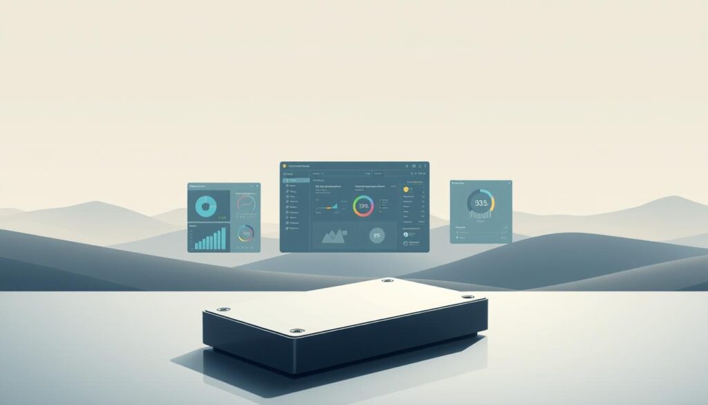Elegant, minimalist illustration depicting data storage optimization. In the foreground, a sleek, modern hard drive or ssd with clean lines and a minimalist design. The middle ground showcases various storage management tools or software interfaces, with intuitive visual controls and dynamic data visualizations. The background features a serene, abstract landscape with muted tones, highlighting the calm and efficient nature of the storage optimization process. Soft, directional lighting casts subtle shadows, emphasizing the form and texture of the hardware and software elements. The overall mood is one of simplicity, functionality, and technological sophistication.