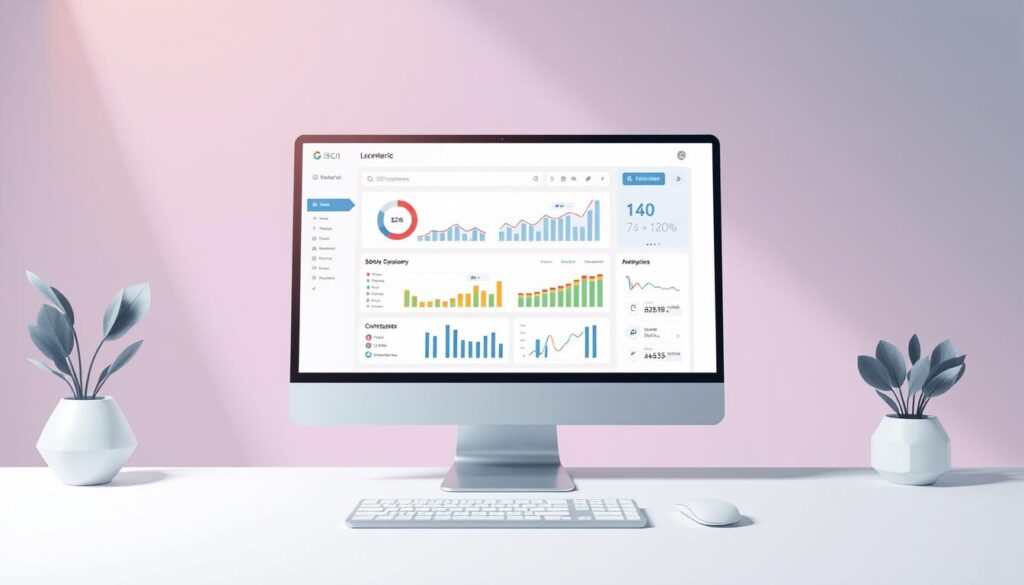 Optymalizacja SEO dla firm: a sleek, modern illustration featuring a desktop computer with a search engine optimization dashboard. Minimalist design with clean lines, muted color palette, and subtle textures. Highlight key SEO metrics and analytics displayed on the computer screen, conveying the concept of effective, data-driven online visibility. Soft, directional lighting creates a professional, polished atmosphere. Angles and composition draw the viewer's eye to the central elements, emphasizing the importance of SEO optimization for businesses.