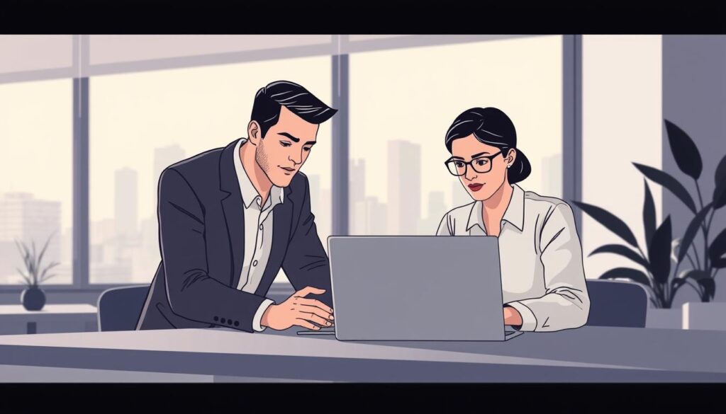 A minimalist, elegant illustration depicting two professionals intently collaborating on a laptop, surrounded by a sleek, modern workspace. Muted colors and clean lines convey a sense of efficiency and expertise. Soft, directional lighting from a large window highlights the collaborative energy, while a blurred cityscape in the background suggests a google-esque urban setting. The overall mood is one of productive, high-level support, reflecting the specialized knowledge and guidance offered by the "wsparcie profesjonalistów" service.