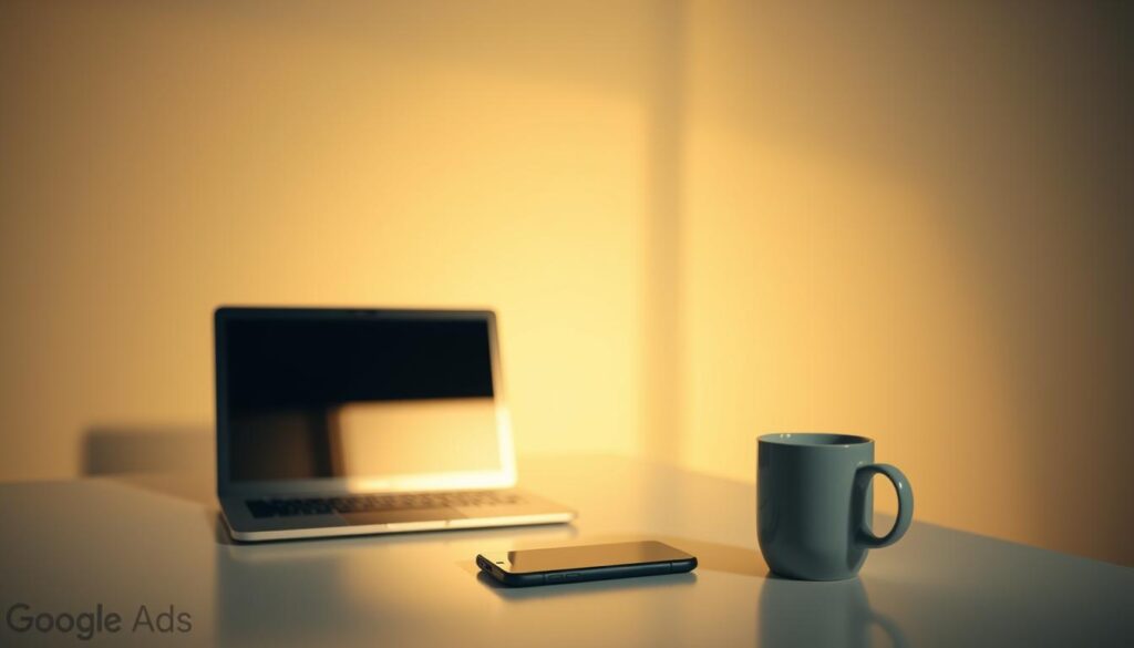 A modern, sleek office scene with a laptop, smartphone, and coffee mug on a minimalist desk. Warm, directional lighting casts soft shadows, creating a professional yet inviting atmosphere. The background is a clean, white wall, allowing the foreground elements to take center stage. The composition is balanced and visually appealing, capturing the essence of a small business leveraging Google Ads to grow their online presence.
